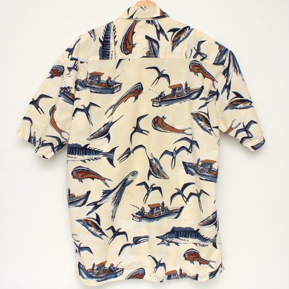 Kahala Men's SS Button Shirt Hawaiian Fishes Theme Large Beige - Picture 2 of 7